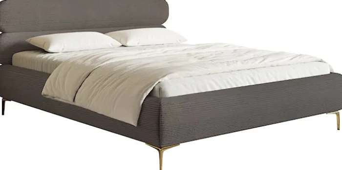 Łóżko tapicerowane 160x200 cm Roule Cord z pojemnikiem stelaż metalowy szare sztruks nóżki złote