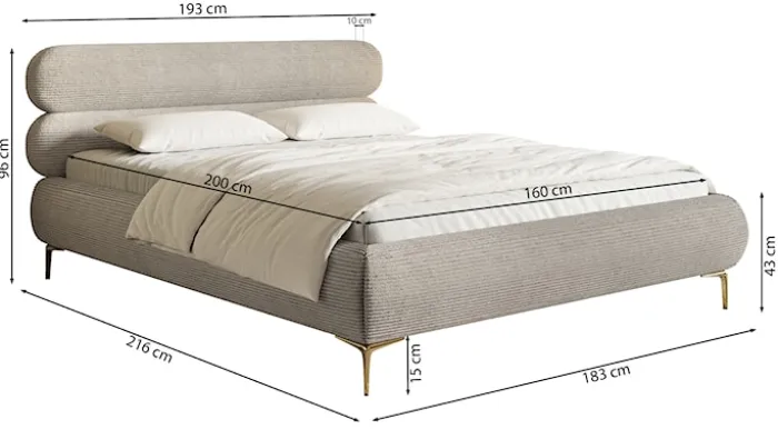 Łóżko tapicerowane 160x200 cm Roule Cord z pojemnikiem stelaż metalowy szarobeżowe sztruks nóżki złote