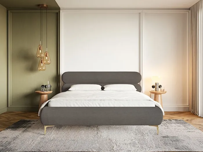 Łóżko tapicerowane 140x200 cm Roule Cord szare sztruks nóżki złote