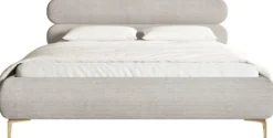 Łóżko tapicerowane 180x200 cm Roule Cord szarobeżowe sztruks nóżki złote