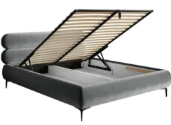 Łóżko tapicerowane 140x200 cm Roule z pojemnikiem stelaż metalowy szare welur hydrofobowy nóżki czarne