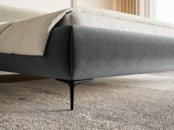 Łóżko tapicerowane 140x200 cm Roule z pojemnikiem stelaż metalowy szare welur hydrofobowy nóżki czarne