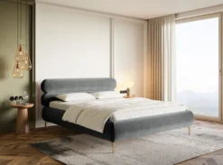 Łóżko tapicerowane 140x200 cm Roule z pojemnikiem stelaż metalowy szare welur hydrofobowy nóżki złote