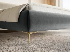 Łóżko tapicerowane 140x200 cm Roule z pojemnikiem stelaż metalowy szare welur hydrofobowy nóżki złote