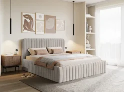 Łóżko tapicerowane 160x200 cm Saliano z pojemnikiem szarobeżowe welur hydrofobowy