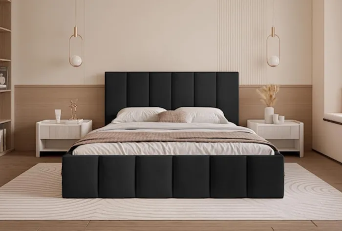 Łóżko tapicerowane 140x200 cm Sarafino z pojemnikiem na pościel czarne welur stelaż metalowy