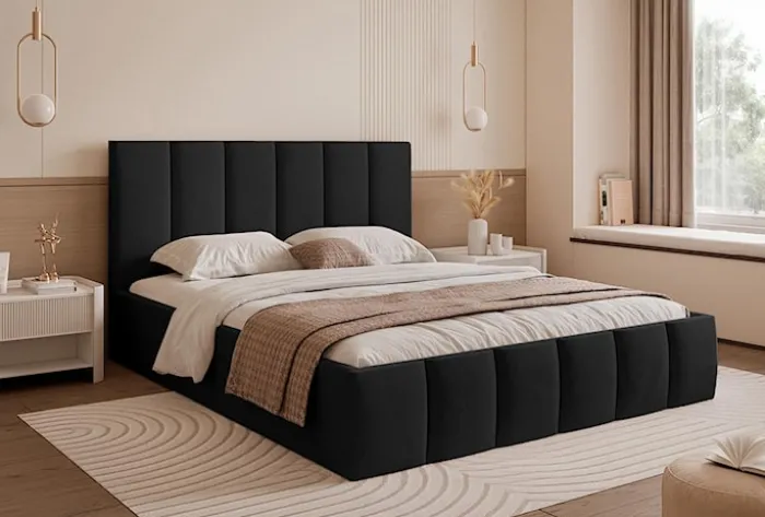 Łóżko tapicerowane 140x200 cm Sarafino z pojemnikiem na pościel czarne welur stelaż metalowy
