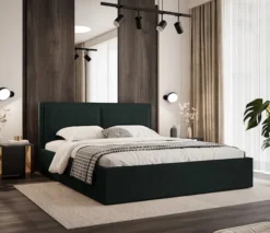 Łóżko tapicerowane 180x200 cm Soave II z pojemnikiem i metalowym stelażem ciemnozielony welur