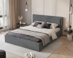 Łóżko tapicerowane 140x200 cm Soave z pojemnikiem i metalowym stelażem stalowy welur