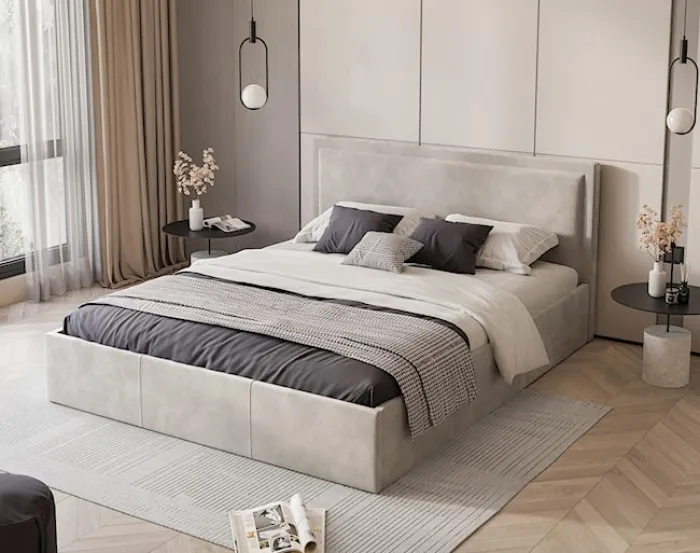 Łóżko tapicerowane 140x200 cm Soave z pojemnikiem i metalowym stelażem jasnobeżowy welur