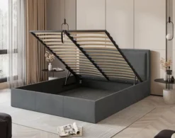 Łóżko tapicerowane 160x200 cm Soave z pojemnikiem i metalowym stelażem stalowy welur