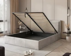 Łóżko tapicerowane 160x200 cm Soave z pojemnikiem i metalowym stelażem jasnobeżowy welur