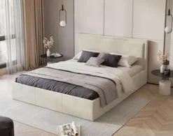 Łóżko tapicerowane 160x200 cm Soave z pojemnikiem i metalowym stelażem kremowy welur