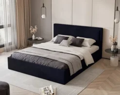 Łóżko tapicerowane 180x200 cm Soave z pojemnikiem i metalowym stelażem granatowy welur