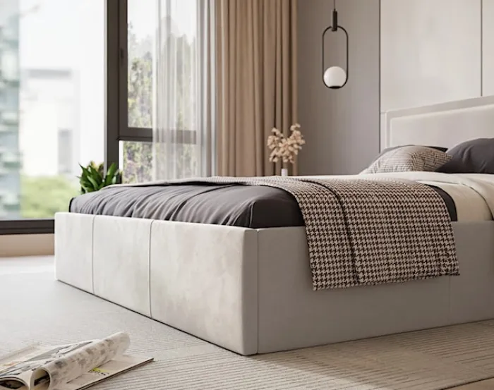Łóżko tapicerowane 180x200 cm Soave z pojemnikiem i metalowym stelażem jasnobeżowy welur