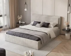 Łóżko tapicerowane 180x200 cm Soave z pojemnikiem i metalowym stelażem jasnobeżowy welur