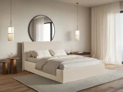 Łóżko tapicerowane 160x200 cm Softie Slim z pojemnikiem jasnobeżowe szenil stelaż metalowy