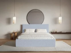 Łóżko tapicerowane 180x200 cm Softie Slim z pojemnikiem błękitne szenil stelaż metalowy