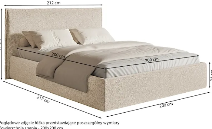 Łóżko tapicerowane 200x200 cm Softie Slim z pojemnikiem jasnoszare szenil stelaż metalowy