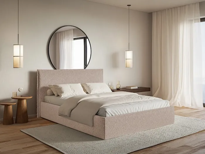 Łóżko tapicerowane 200x200 cm Softie Slim z pojemnikiem ciemnobeżowe szenil stelaż metalowy