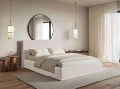 Łóżko tapicerowane 200x200 cm Softie Slim z pojemnikiem beżowe szenil stelaż metalowy
