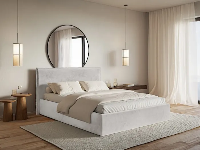 Łóżko tapicerowane 140x200 cm Softie Slim z pojemnikiem jasnoszare welur hydrofobowy stelaż metalowy