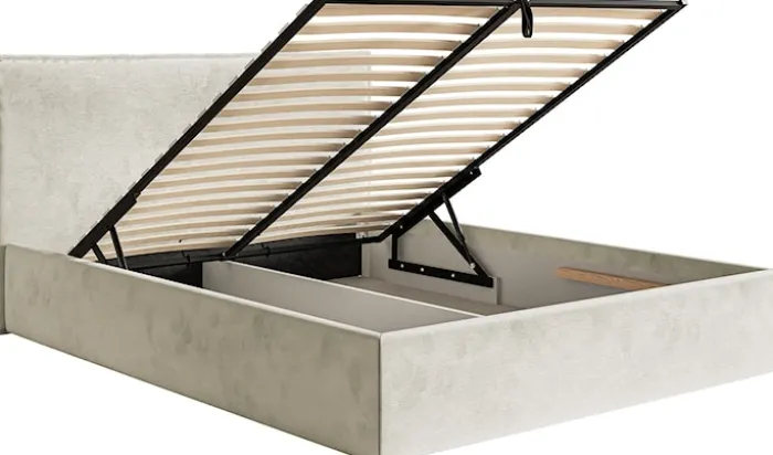 Łóżko tapicerowane 160x200 cm Softie Slim z pojemnikiem szarobeżowe welur hydrofobowy stelaż metalowy