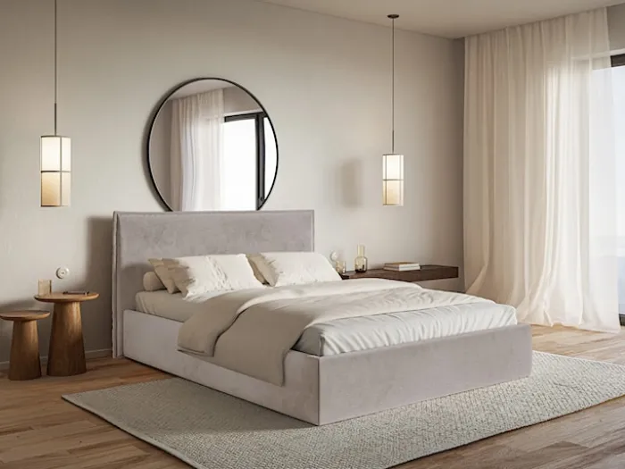 Łóżko tapicerowane 180x200 cm Softie Slim z pojemnikiem szarobrązowe welur hydrofobowy stelaż metalowy