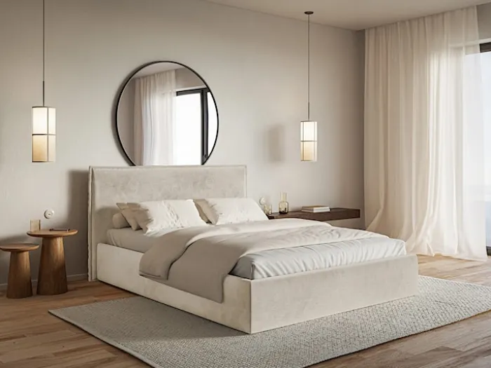 Łóżko tapicerowane 180x200 cm Softie Slim z pojemnikiem beżowe welur hydrofobowy stelaż metalowy