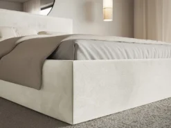 Łóżko tapicerowane 180x200 cm Softie Slim z pojemnikiem szarobeżowe welur hydrofobowy stelaż metalowy