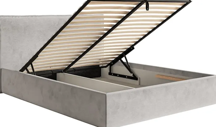 Łóżko tapicerowane 200x200 cm Softie Slim z pojemnikiem jasnoszare welur hydrofobowy stelaż metalowy