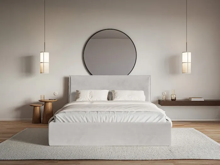 Łóżko tapicerowane 200x200 cm Softie Slim z pojemnikiem jasnoszare welur hydrofobowy stelaż metalowy