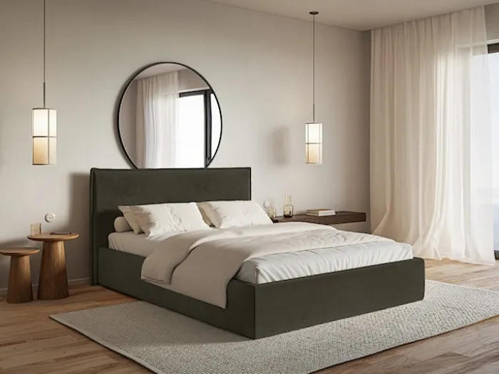 Łóżko tapicerowane 200x200 cm Softie Slim z pojemnikiem ciemnozielone welur hydrofobowy stelaż metalowy