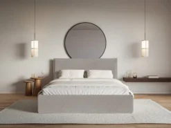 Łóżko tapicerowane 200x200 cm Softie Slim z pojemnikiem szarobrązowe welur hydrofobowy stelaż metalowy