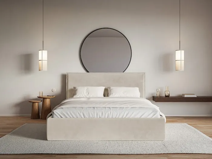 Łóżko tapicerowane 200x200 cm Softie Slim z pojemnikiem beżowe welur hydrofobowy stelaż metalowy