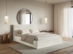 Łóżko tapicerowane 200x200 cm Softie Slim z pojemnikiem szarobeżowe welur hydrofobowy stelaż metalowy