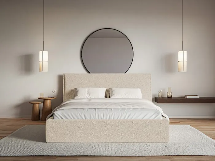 Łóżko tapicerowane 140x200 cm Softie z pojemnikiem jasnobeżowe szenil stelaż metalowy