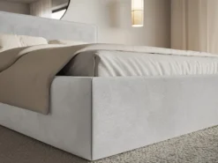 Łóżko tapicerowane 180x200 cm Softie z pojemnikiem jasnoszare welur hydrofobowy stelaż metalowy