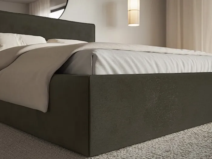 Łóżko tapicerowane 180x200 cm Softie z pojemnikiem ciemnozielone welur hydrofobowy stelaż metalowy