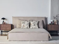 Łóżko tapicerowane 180x200 cm Softie z pojemnikiem beżowe welur hydrofobowy stelaż metalowy