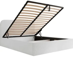 Łóżko tapicerowane 140x200 cm Sonvivo z pojemnikiem na pościel białe boucle stelaż metalowy