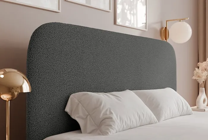 Łóżko tapicerowane 140x200 cm Sonvivo z pojemnikiem na pościel ciemnoszare boucle stelaż metalowy