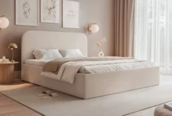 Łóżko tapicerowane 160x200 cm Sonvivo z pojemnikiem na pościel szarobeżowe boucle stelaż metalowy