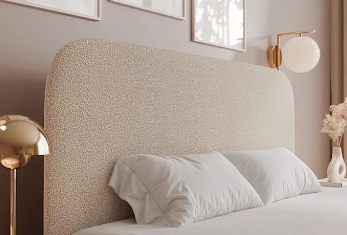 Łóżko tapicerowane 180x200 cm Sonvivo z pojemnikiem na pościel szarobeżowe boucle stelaż metalowy