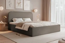 Łóżko tapicerowane 140x200 cm Sonvivo z pojemnikiem na pościel jasnobrązowe szenil stelaż metalowy