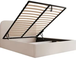 Łóżko tapicerowane 160x200 cm Sonvivo z pojemnikiem na pościel jasnobeżowe szenil stelaż metalowy