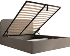 Łóżko tapicerowane 180x200 cm Sonvivo z pojemnikiem na pościel jasnobrązowe szenil stelaż metalowy