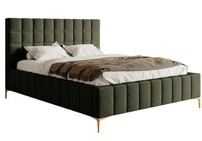 Łóżko tapicerowane 160x200 cm Szejlo z pojemnikiem stelaż metalowy oliwkowe szenil