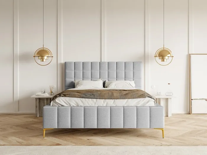 Łóżko tapicerowane 180x200 cm Szejlo z pojemnikiem stelaż metalowy jasnoszare szenil