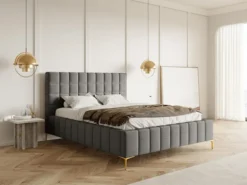 Łóżko tapicerowane 180x200 cm Szejlo z pojemnikiem stelaż metalowy szare szenil